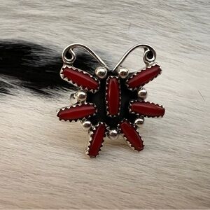 ❤️ Petit Point Italian Red Coral Butterfly Ring Sterling Silver Size 6.75